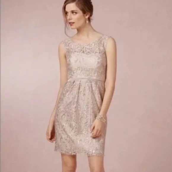 Jenny Yoo Collection Harlow Dress Champagne Metallic Lace Cocktail Bridesmaid - Picture 2 of 12